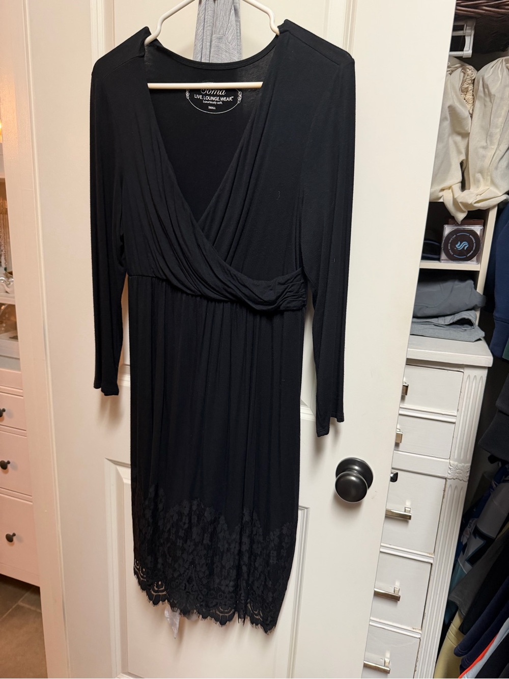 Soma Black Long-Sleeve Wrap Dress with Lace Hem